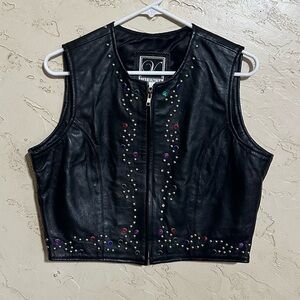Valencia Women’s Biker Black Leather Studded Vest size L with Colored Gems